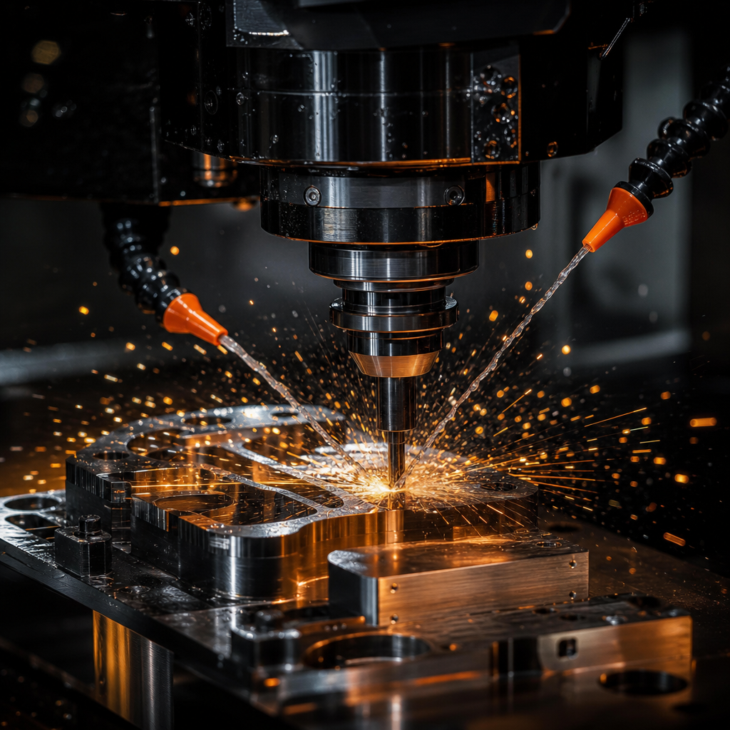 Precision CNC machining center cutting a metal part